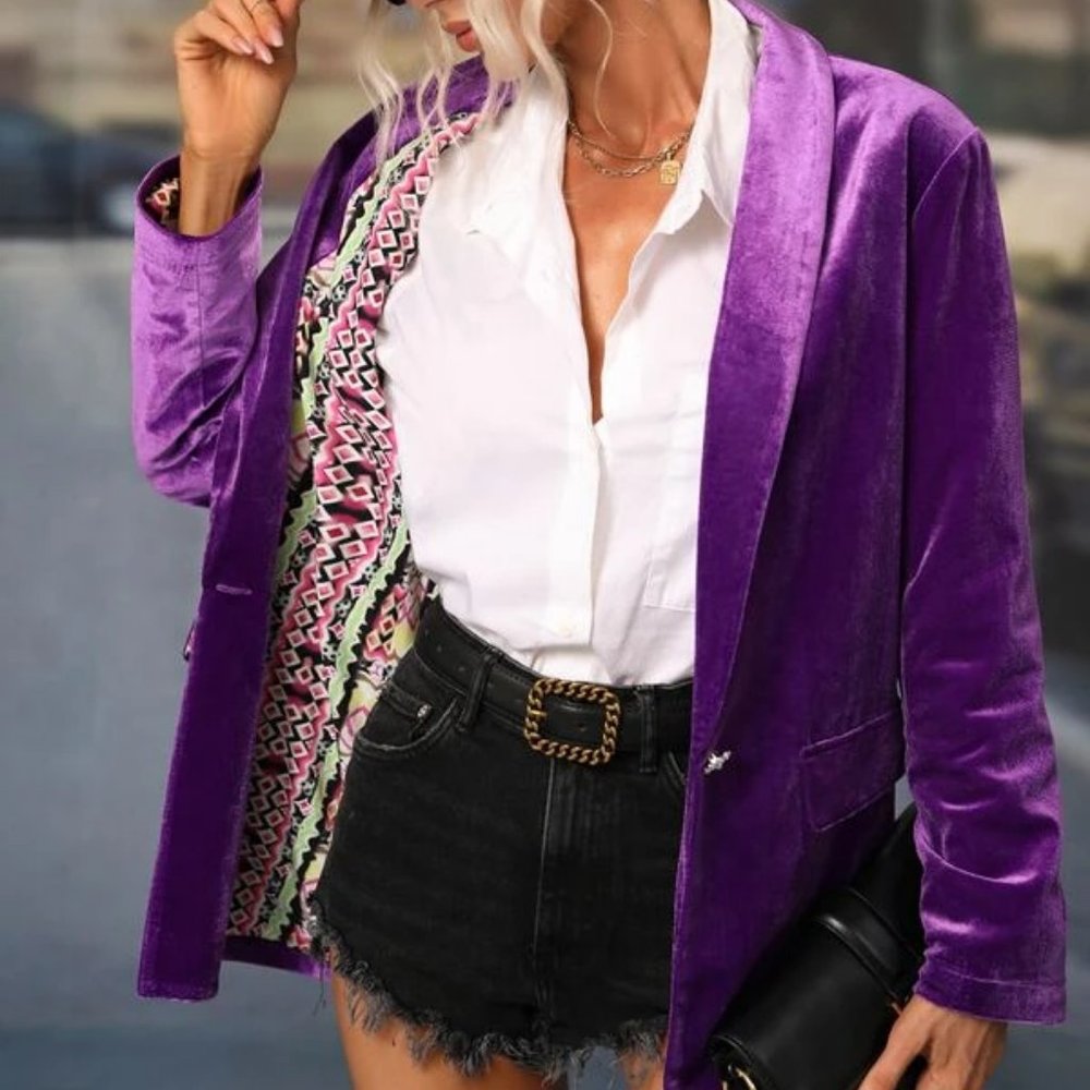 Purple fully lined button closure Shawl Collar Velvet Blazer - Picture 5 of 7